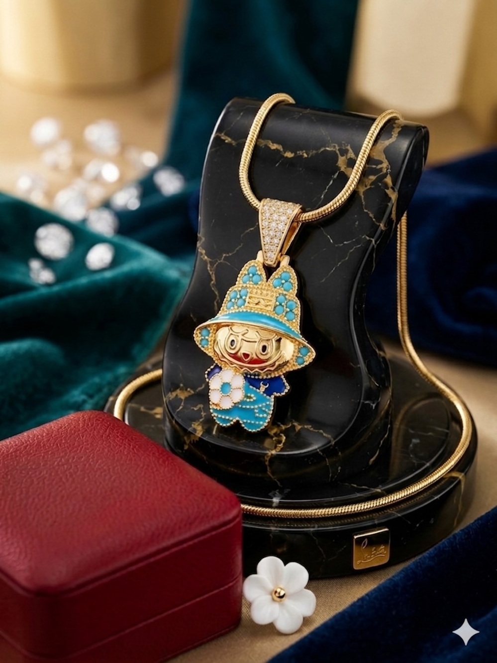 14k Gold-Filled Blue Flower Character Pendant Necklace - Kids Accessories